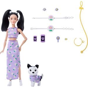 Barbie Twinning Looks Doll with Pet Dog in Matching Purple Daisy Clothes NWT